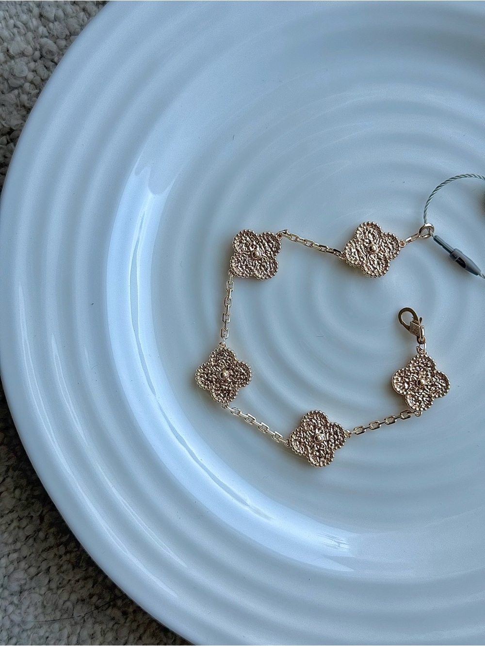 Classic Textured Gold-Plated Clover Bracelet | Minimalist Beaded Edge